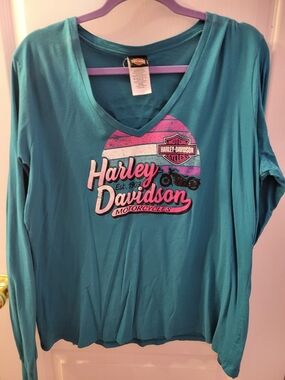 Harley-Davidson Teal Long Sleeve V-Neck with Pink & White Logo